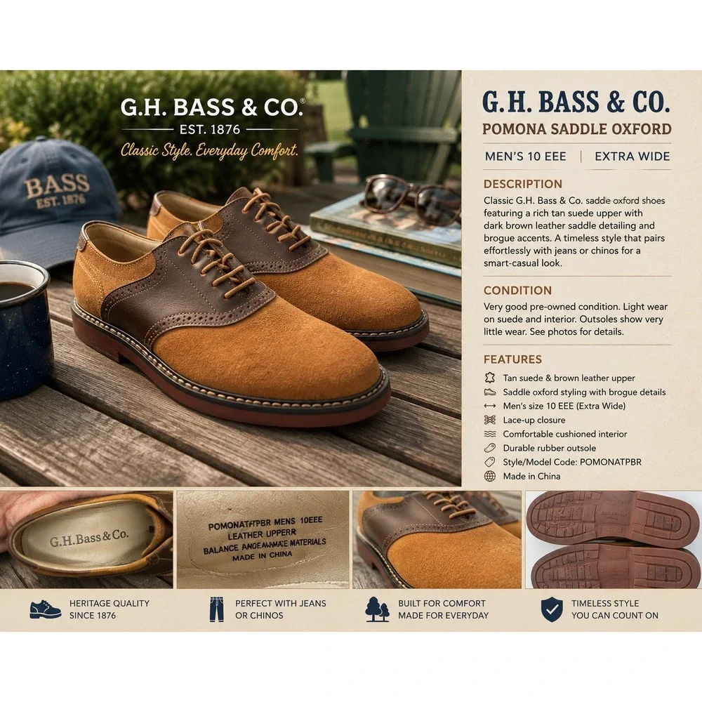 G.H. Bass & Co. Pomona Men's 10 EEE Brown Suede Leather Saddle Oxford Shoes